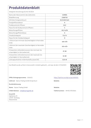 Thumbnail 9 de CIARRA CAB6750 Campana Extractora Cocina 60cm Clase A 350 m³/h 3 Velocidades Recirculación Interna Filtro Carbono Negro