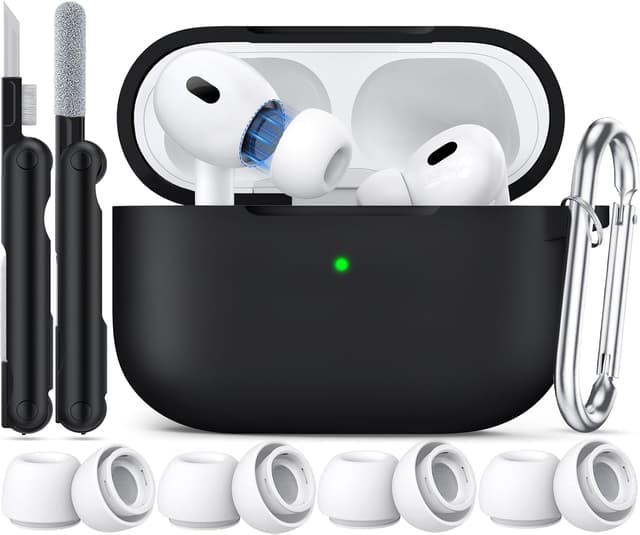 Detalle de Joremx Silikon-Hülle für AirPods Pro 2 (USB‑C/Lightning, 2023) inkl. Ohrstöpseln (XS/S/M/L) & Reinigungsset – schwarz
