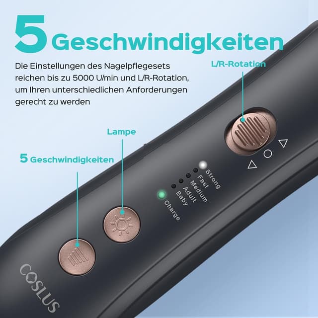 Detalle de COSLUS C43 professioneller elektrischer Nagelfräser-Set für Maniküre & Pediküre (5 Geschwindigkeiten) – grau