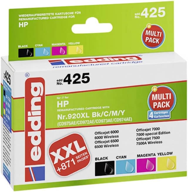 Detalle de edding Druckerpatrone EDD-425 Multipack 4 (Schwarz, Cyan, Magenta, Gelb) – ersetzt HP 920XL