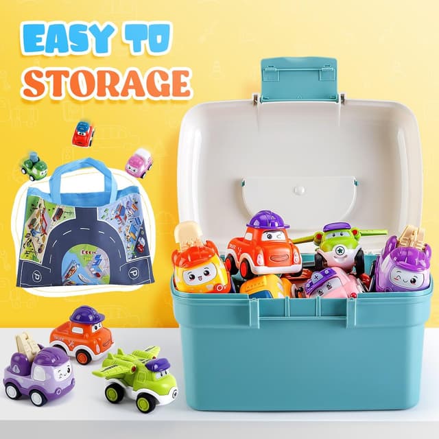 Detalle de LULULIA 12-Piece Pull-Back Mini Cars Set (with play mat & storage box) for 1-Year-Old Boys & Girls