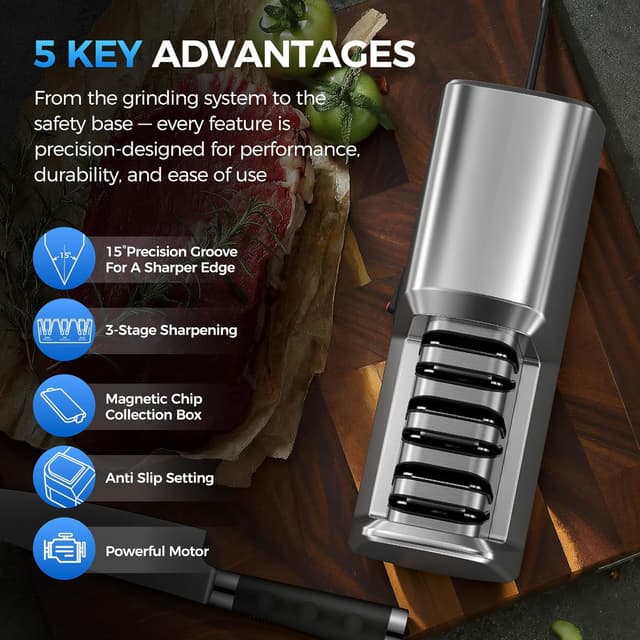 Detalle de Electric Knife Sharpener for Kitchen (3-Stage Diamond System) with 15° Precision Angle Guide