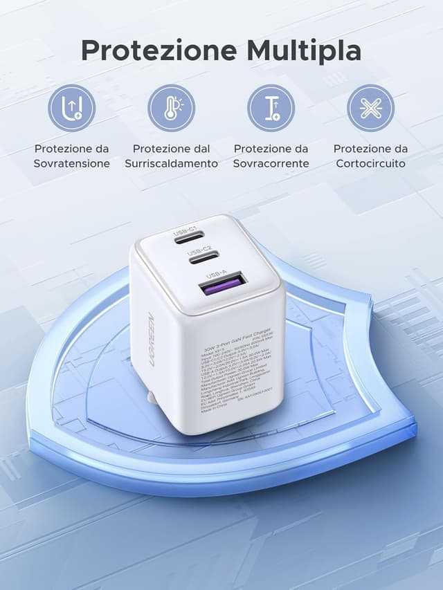 Detalle de UGREEN Zapix caricatore USB-C 30 W 3 porte