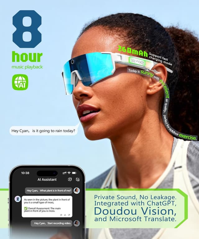 Detalle de GLOSSIA AI Smart Glasses with Camera 4K (Video Recording & EIS Stabilization), IP66 Polarized Sports Sunglasses