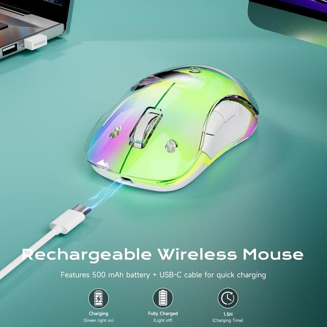 Detalle 2 de memzuoix LED Wireless Mouse (Green) – Rechargeable 2.4G optical mouse with RGB lighting