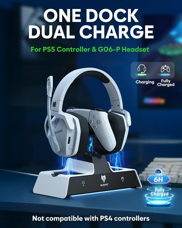 Detalle de NUBWO G06 Pro Wireless Gaming Headset with Charging Station (White) — Only Compatible with PS5