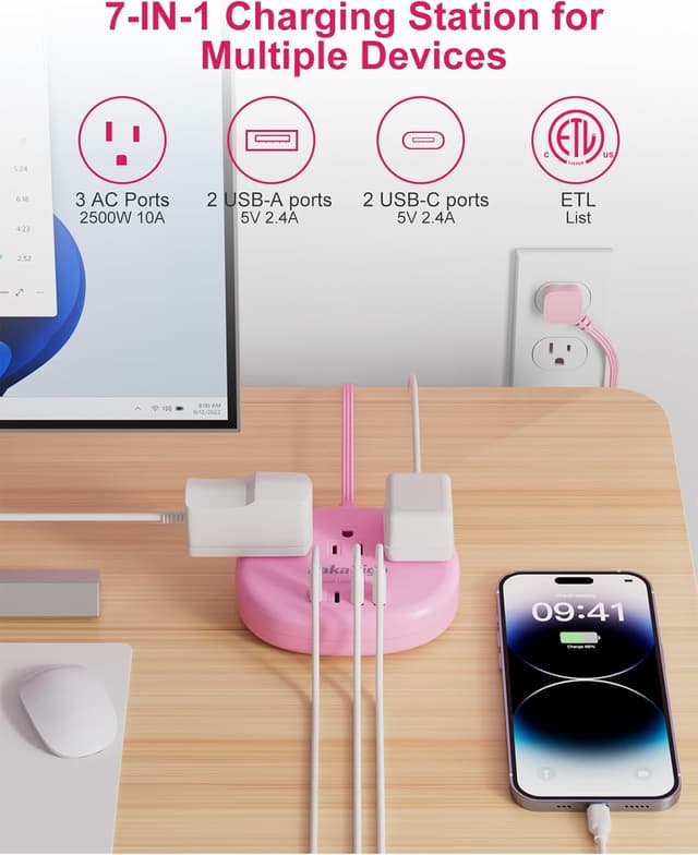 Detalle de Kawaii Power Strip 1625W 5 Ft Pink