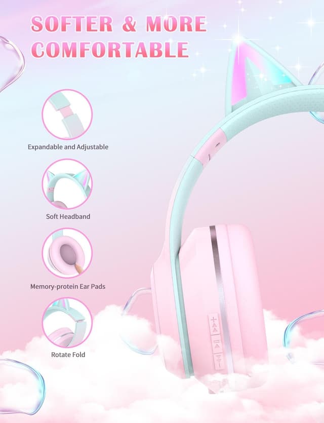 Detalle 2 de Cat Ear LED Kids Wireless Headphones 5.1