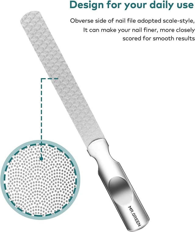 Detalle de MR.GREEN Stainless Steel Double-Sided Nail File with Anti-Slip Handle and Leather Case