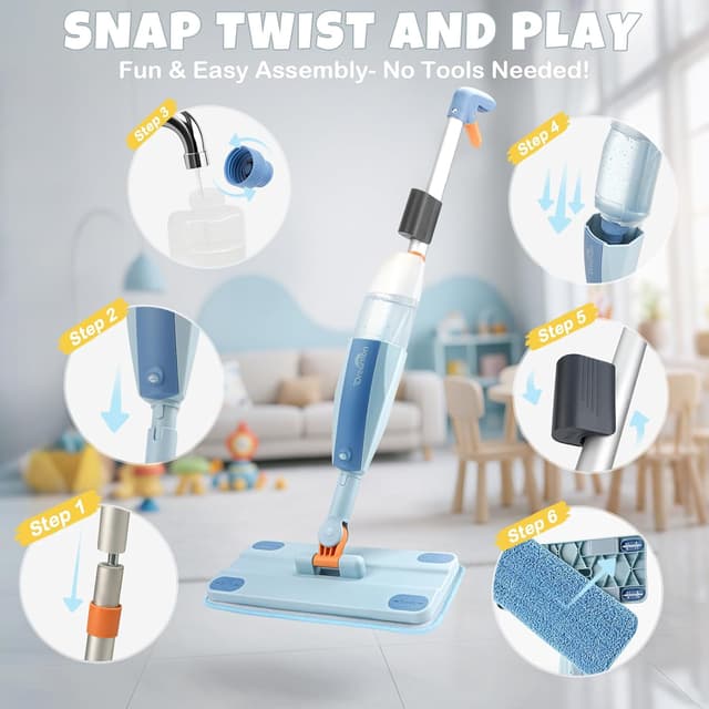 Detalle 2 de Dreamon Kids Spray Mop Toddler Cleaning Set (Real Spray Function) with Water Sprayer, 3 Washable Pads & Scraper