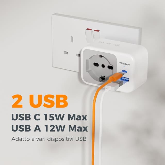 Detalle de TESSAN Adattatore presa Inglese a spina Italiana Pack da 2 (Tipo G) con USB-C e USB-A, 5 in 1