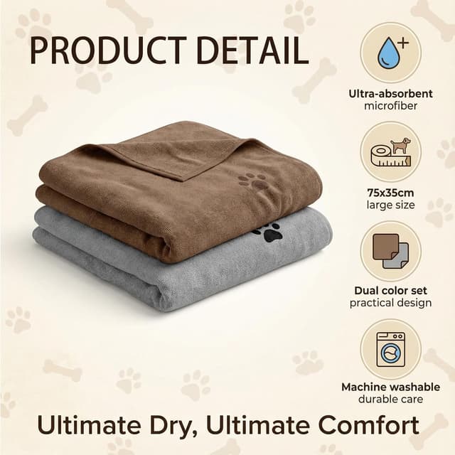 Detalle de 2-Pack Microfibre Dog Towels (39.5x20in) – Super Absorbent, Quick-Dry Pet Bath Towels