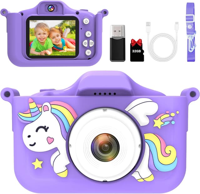 Detalle de Kinderkamera mit 32-GB-Speicherkarte, 1080P HD und Einhorn-Silikonhülle – Selfie-Kamera für Mädchen & Jungen ab 3 Jahren