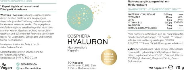 Detalle 1 de Cosphera Hyaluronsäure Kapseln hochdosiert mit 500 mg, 90 vegane Kapseln (3 Monatsvorrat)