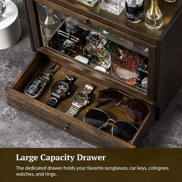 Detalle 2 de Emfogoo Cologne Stand solid wood perfume organiser with 3 tiers, dustproof acrylic panel and drawer storage