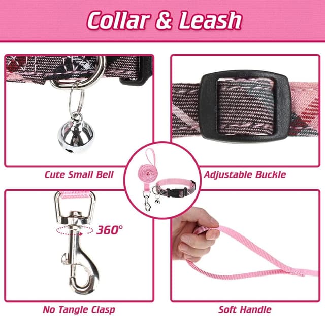 Detalle de EXPAWLORER Hundegeschirr-Set mit Leine und Halsband (kariert, mittel, rosa) – kleines Outfit für Spaziergänge