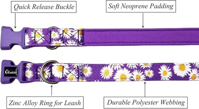 Detalle de Olahibi Basic Dog Collar (L, Purple Daisy) — polyester webbing padded with soft neoprene