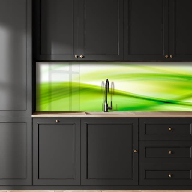 Detalle de KitchenYeah© Rückwand Küche 80x400 cm – selbstklebender Rückwandschutz in Glasoptik (Wellen, Grün)