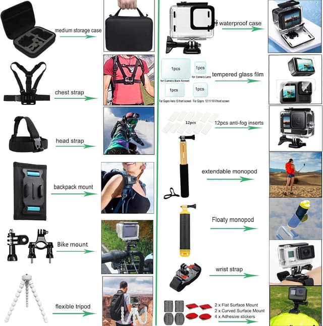 Detalle de Gurmoir Accessory Kit for GoPro Hero 13/12/11/10/9 (DT16) with Waterproof Case, Floating Grip & Mounts