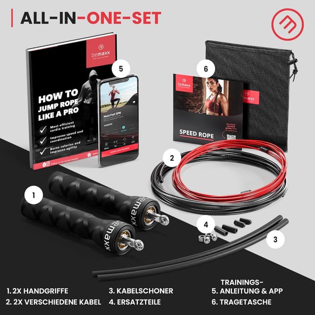 Detalle 2 de Springseil Speed Rope mit Trainings-E-Book & Ersatzkabel – 2 verstellbare Stahlseile, Profi-Kugellager