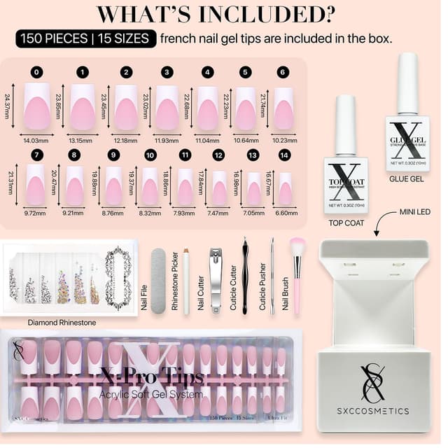 Detalle de SXC Cosmetics French Tip Press On Nails Pink Series (Medium Square) X-Pro Tips Starter Kit