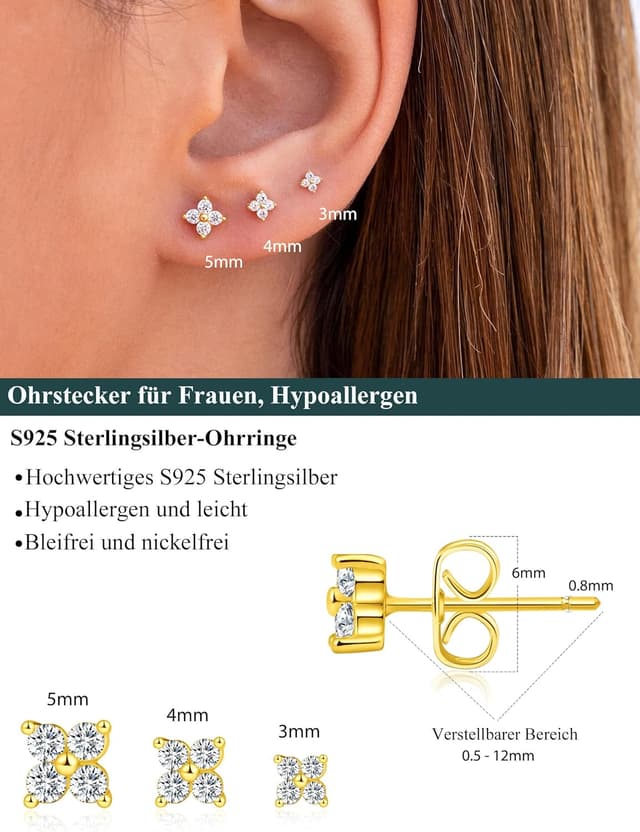 Detalle 2 de FUNEIA 3 Paar Ohrstecker Gold-Set (14K vergoldet) mit 925er Silber, wasserfest, hypoallergen