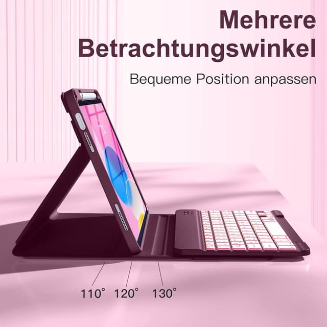 Detalle de Vobafe Hülle mit abnehmbarer beleuchteter Tastatur für iPad A16 (11./10. Generation) – 7 Farben, Magnet & Stifthalter (Himbeere)