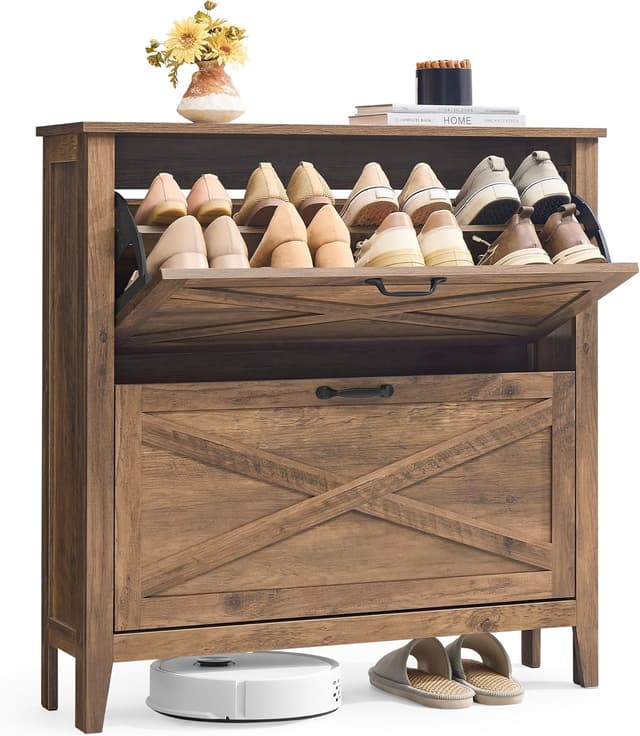 Detalle de VASAGLE LIRY HSC201K01 scarpiera slim a ribalta con 2 scomparti, stile farmhouse in marrone miele