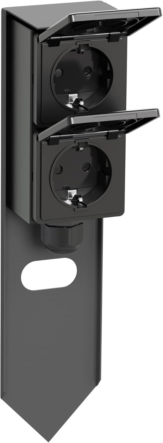 Detalle 2 de ledscom.de 2er Set Garten-Steckdosensäule PIWI mit Erdspieß, IP44, Edelstahl anthrazit, 30 cm