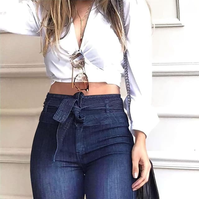 Detalle 2 de KDF High-Waisted Flare Jeans for Women with Removable Belt (Stretch Wide-Leg Bell Bottoms)