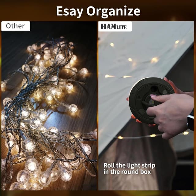 Detalle de HAMLITE Camping Light String (Rechargeable Battery) – 20m RGB fairy lights reel, tent & outdoor decor