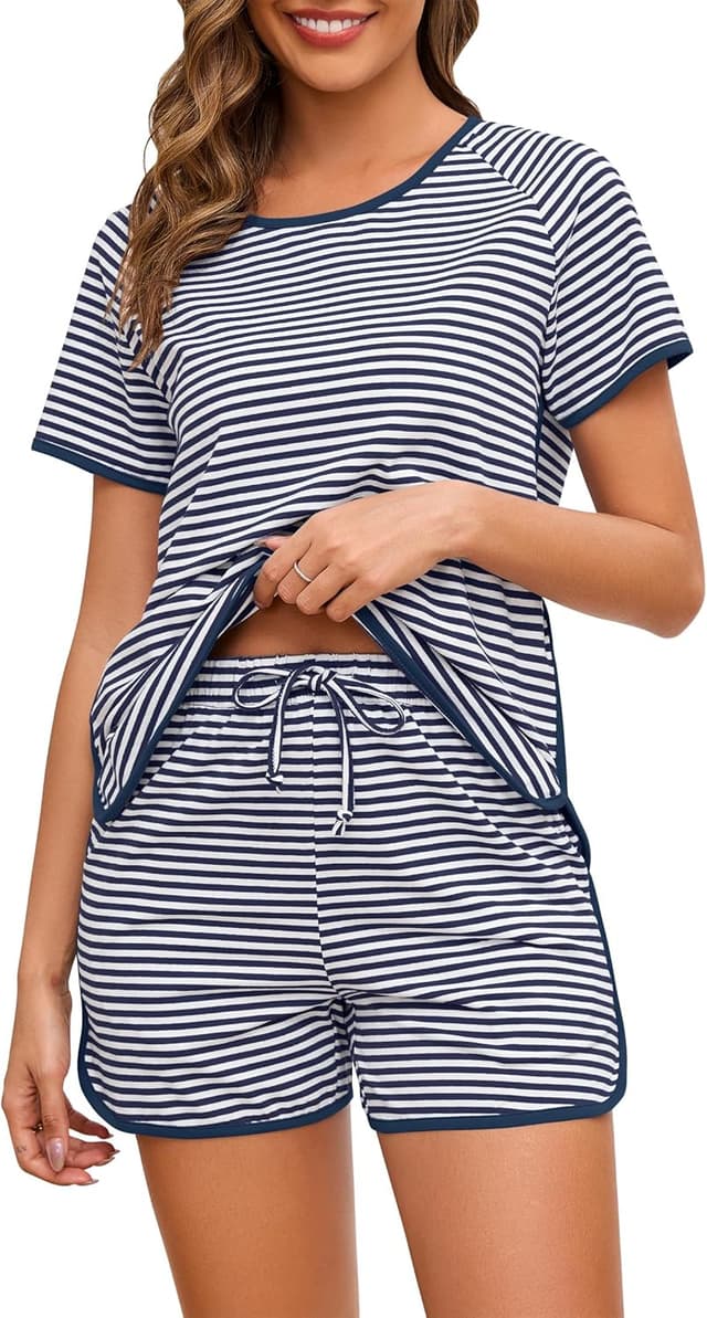 Detalle de Namatime Damen-Schlafanzug Kurzarm aus Baumwolle (2-teilig) – Top & Shorts mit Taschen, Baumwollmischung mit Elastan