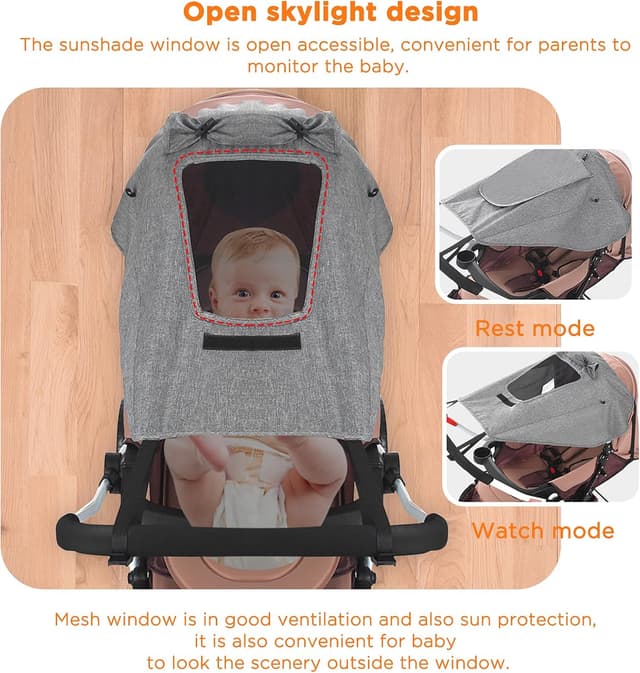 Detalle de GeeRic Pare-soleil de poussette bébé UPF50+ (gris) pour protection solaire