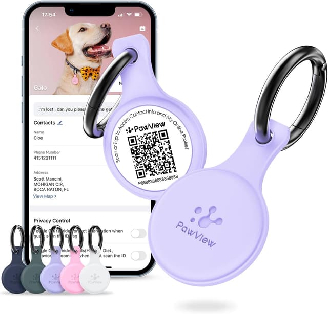 Detalle de PawView QR Code Pet ID Tag (UK) – Waterproof Silicone Dog Identity Tag with QR/NFC Instant Alerts (Purple)
