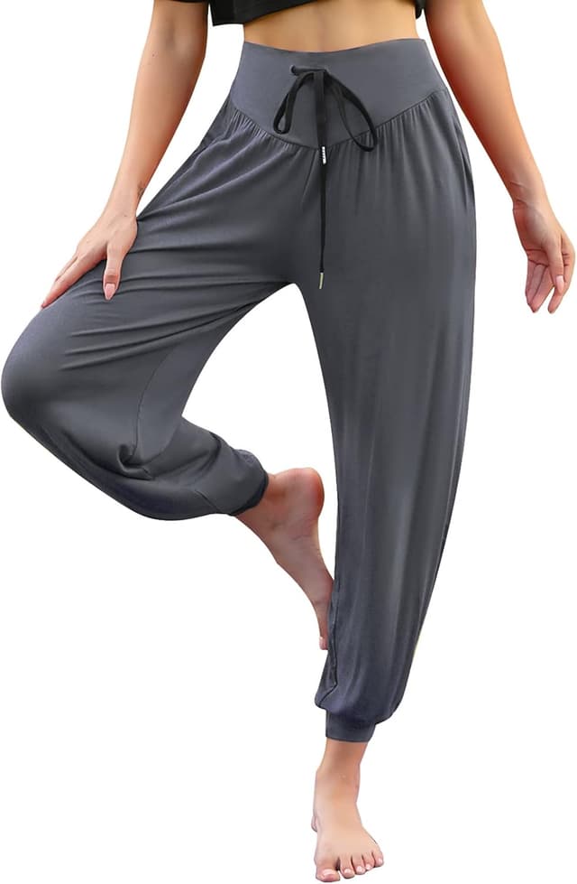 Detalle de Terecey pantalon sarouel femme sport à taille haute en modal, fluide pour yoga, Pilates et danse