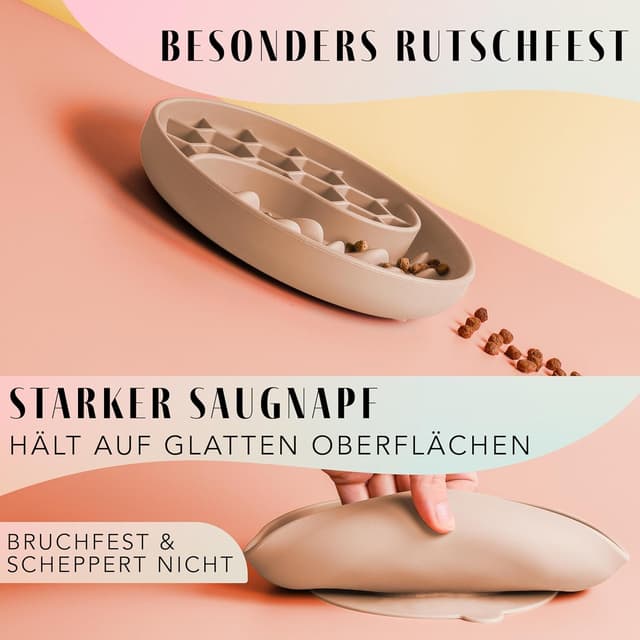 Detalle 2 de ne&no® Anti Schling Napf & Lickmatte für Hunde und Katzen (Slow Feeder, große Saugnapf-Basis) – Taupe