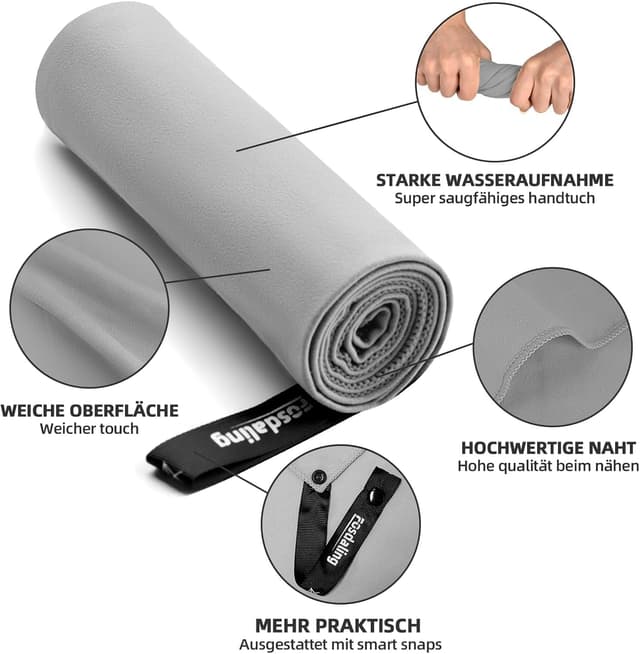 Detalle 2 de Fosdaling Mikrofaser Handtuch 3er-Set (200×100 cm + 2× 80×40 cm) – schnell trocknendes Sport- und Reisehandtuch in Hellgrau