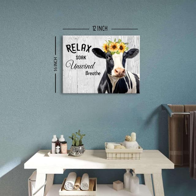 Detalle de Funny Cow Bathroom Wall Art (Relax Soak Unwind Breathe) 30 x 40 cm rustic farmhouse cow print