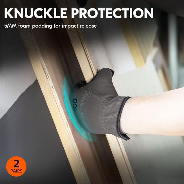 Detalle de Vgo… 2 Pairs Safety Work Gloves (NB7581) – Faux leather palm, touchscreen fingertips, EN388 work gloves in grey, size M