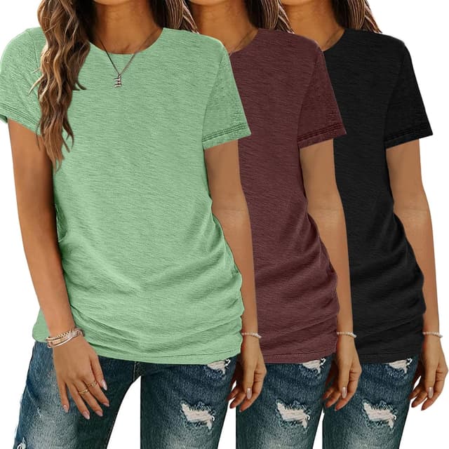 Detalle de YGOODM Damen T-Shirt 3er Pack – Kurzarm Basic mit Rundhalsausschnitt für den Sommer