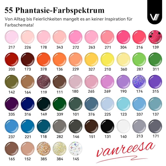 Detalle 2 de VANREESA UV-Nagellack-Set mit 55 Farben, Unterlack und Überlacken (inkl. Glitzer & mattem Finish)