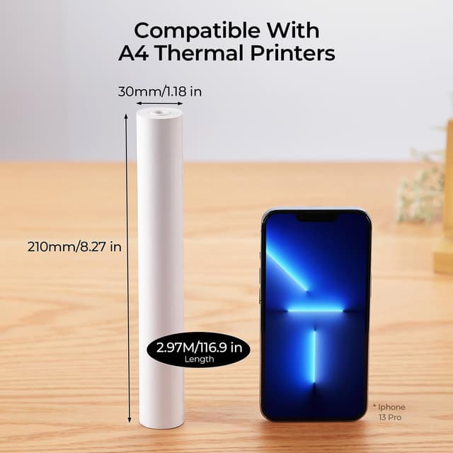 Detalle de MUNBYN Thermopapier A4 für ITP01/ITP04 – 2 Rollen Thermodruckerpapier (210 x 297 mm), weiß