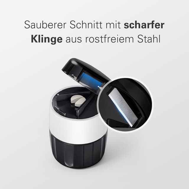 Detalle 2 de 3-in-1 Tablettenmörser mit Tablettenschneider und Tablettenfach – Tabletten Zerkleinern, Teilen & Aufbewahren