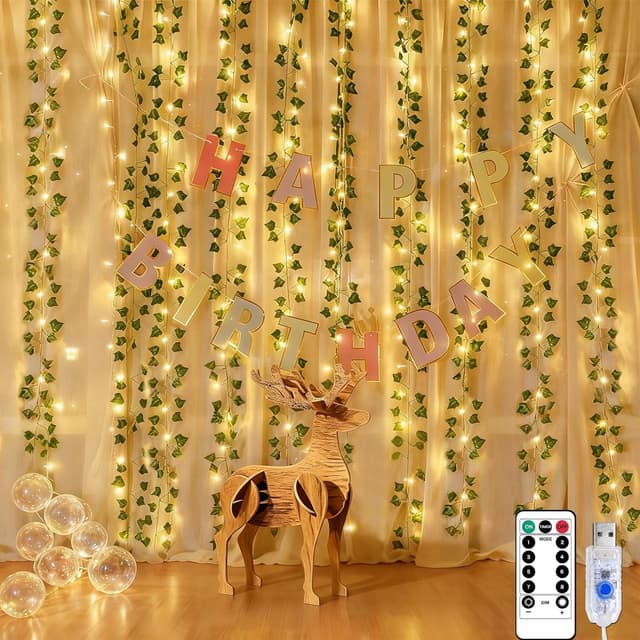Detalle de Lichtervorhang Innen 2x2 m mit 200 LEDs – Efeu-Girlande (8 Modi, Timer, Fernbedienung)