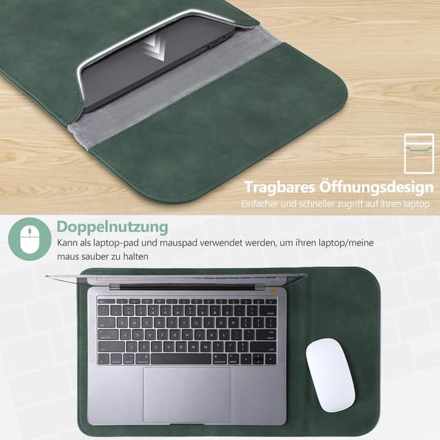 Detalle de HYZUO 15-inch laptop sleeve case bag in faux suede leather (Midnight Green)