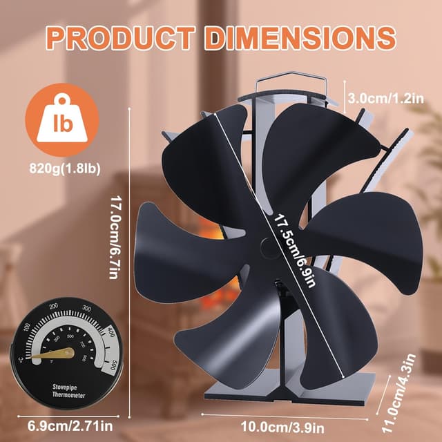 Thumbnail 4 de Tomersun Log Burner Stove Fan 6 Blades with Thermometer Woodburning Heat Powered Fire Fans for Fireplace/Wood Burning Stove/Log Burner
Tomersun Log Burner Stove Fan 6 Blades with Thermo…