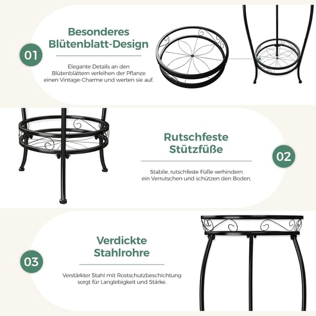 Detalle 2 de Bamworld Metall-Blumenständer mit 3-Bein-Sockel, schwarz – 30 x 30 x 70 cm