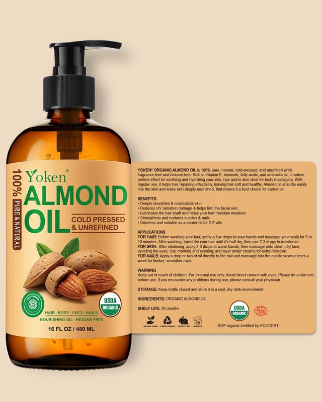Thumbnail 6 de Yoken Organic Almond Oil (16 fl oz) — 100% Pure Cold-Pressed Almond Oil for Face, Hair & Body