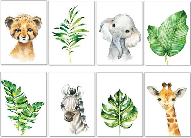 Detalle de artpin® 8er Set Kinderzimmer-Wandbilder im Safari-/Dschungel-Design (A4) – Mint Deko für Junge und Mädchen