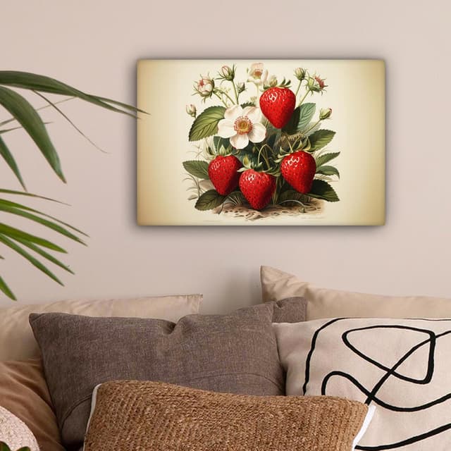 Detalle de MuchoWow© Impression sur toile déco murale 30x20 cm – Fraises, plantes et fruits (beige)